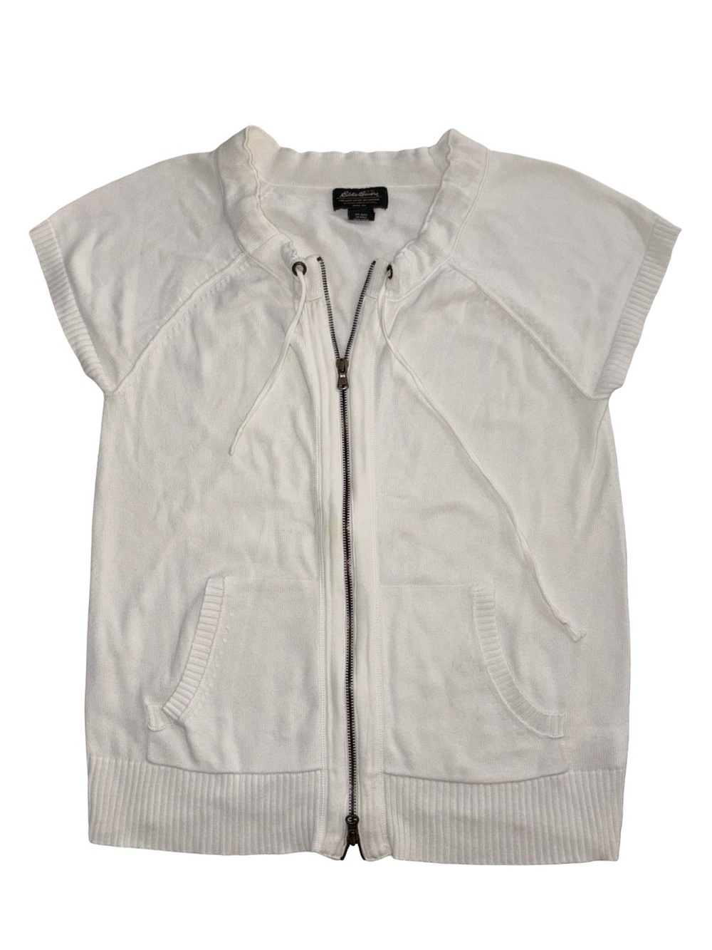 Eddie Bauer White Zip Front Short Sleeve Sweater Jacket Drawstring Neck Size L - Picture 1 of 6